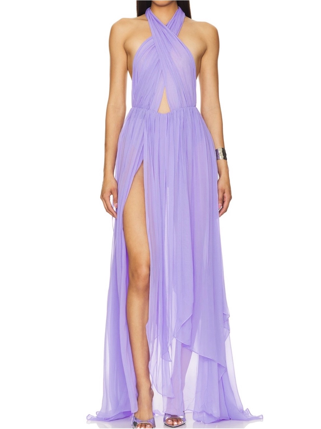 Retrofete Lavender Halter Crisscross Maxi Dress With High Slit
